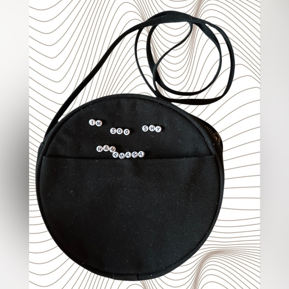 YONBEN Black Circle Crossbody Bag with Embellishment “I’m Soo Shy Hahahaha”